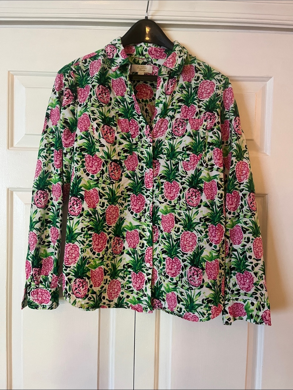 Charter Club Pink & Green Pineapple Print Linen Shirt Size S